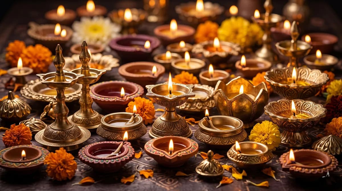 Brass samai and clay diyas lit together with marigold flowers