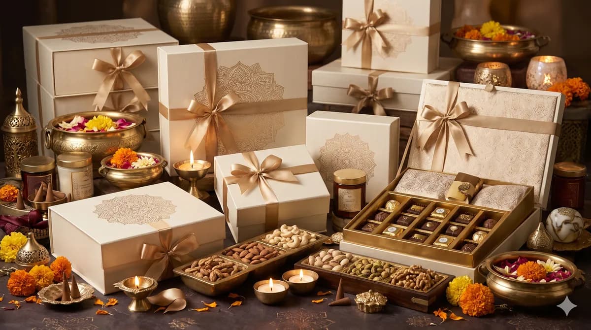 Ivory gift boxes with gold mandala lids, nuts, chocolates, and brass diyas