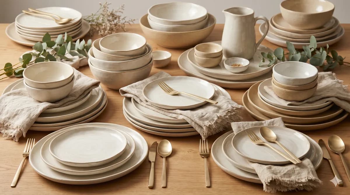 Cream stoneware dinnerware with matte gold cutlery on a wooden table