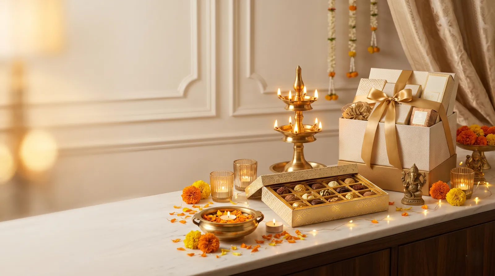 Festive gift boxes, brass diyas, and marigold on white marble in warm light